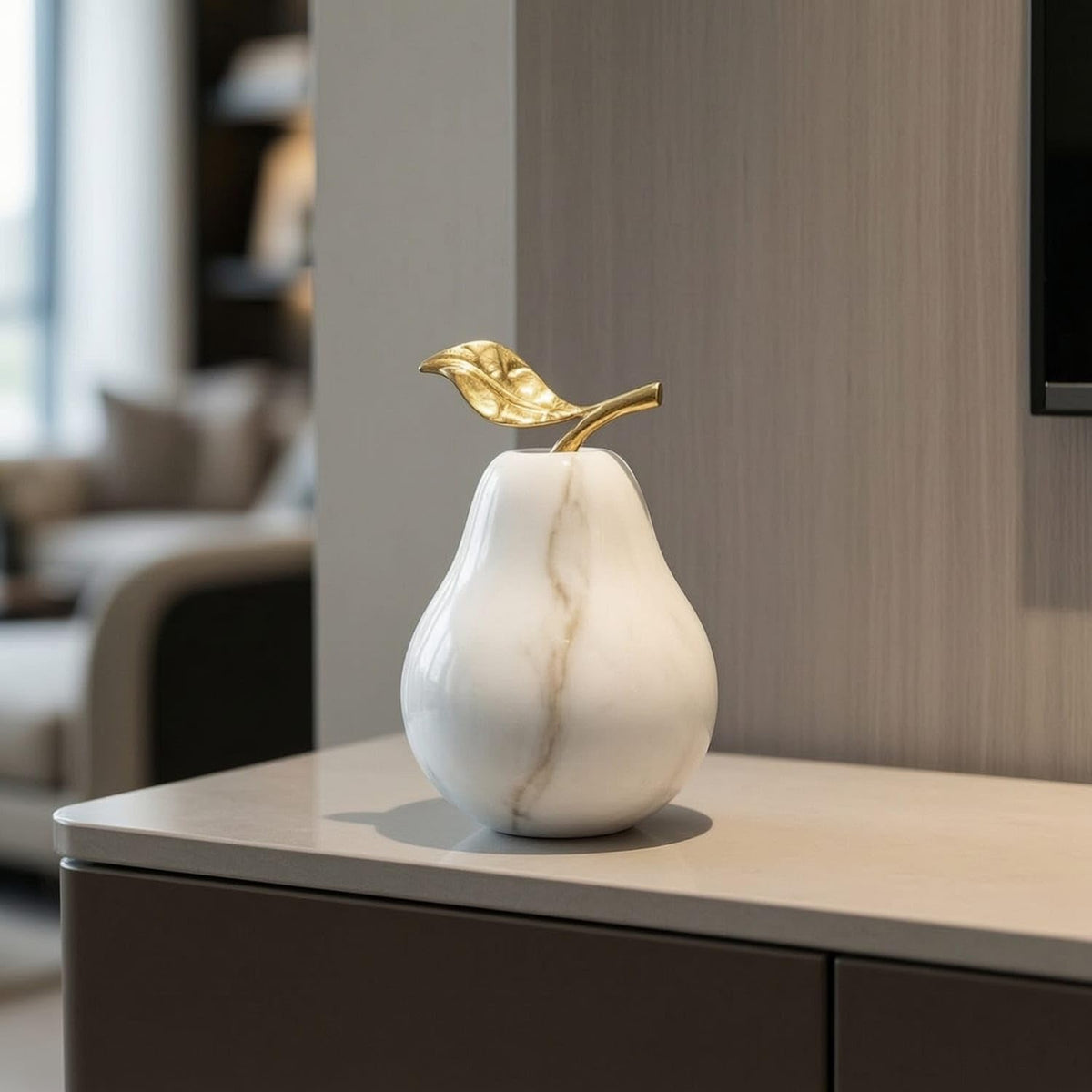 CLOVRIX® Polished Pear Sculpture with Gilded Finish Decorative Marble Ornament with Gilded Finish Modern Pear Figurine Minimalist for Console Table, Bookshelf,
