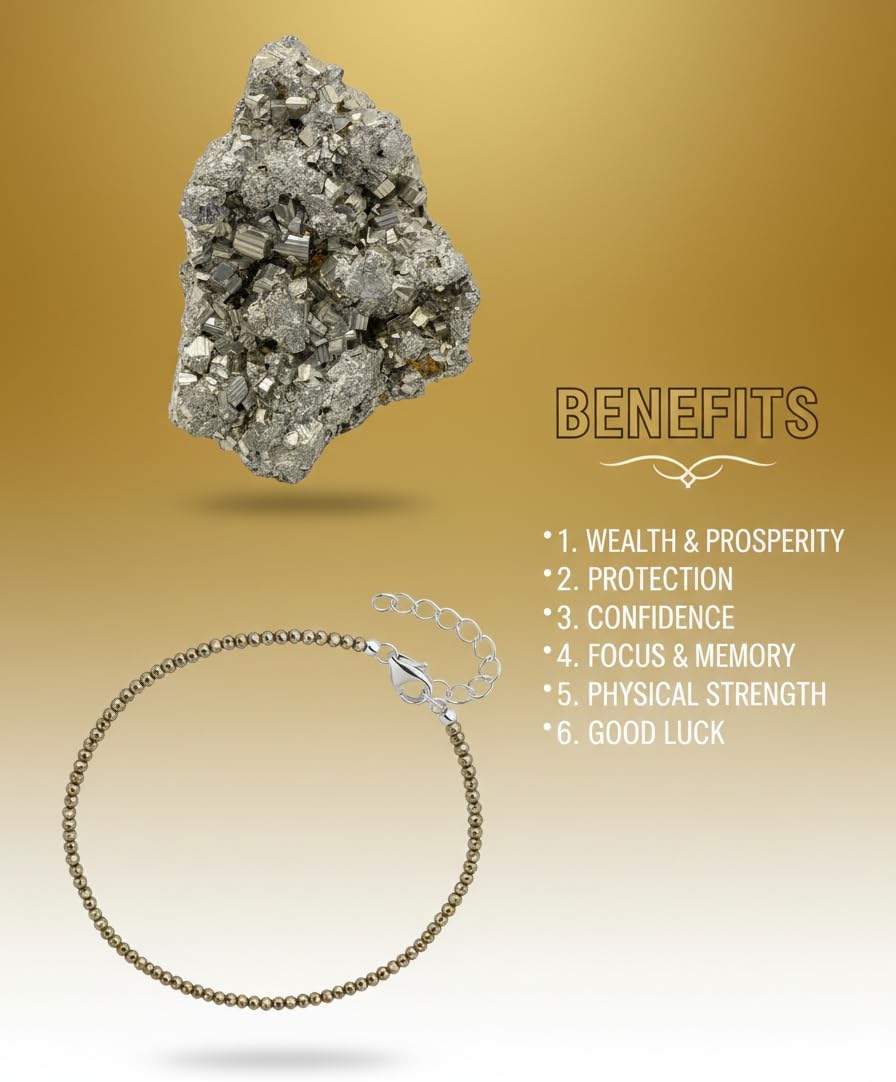 Pyrite Anklet for Women | Certified Natural Crystal Anklet | Adjustable Healing Crystal Jewellery | Wealth, Luck, Protection | Includes Free Raw Pyrite Stone (4