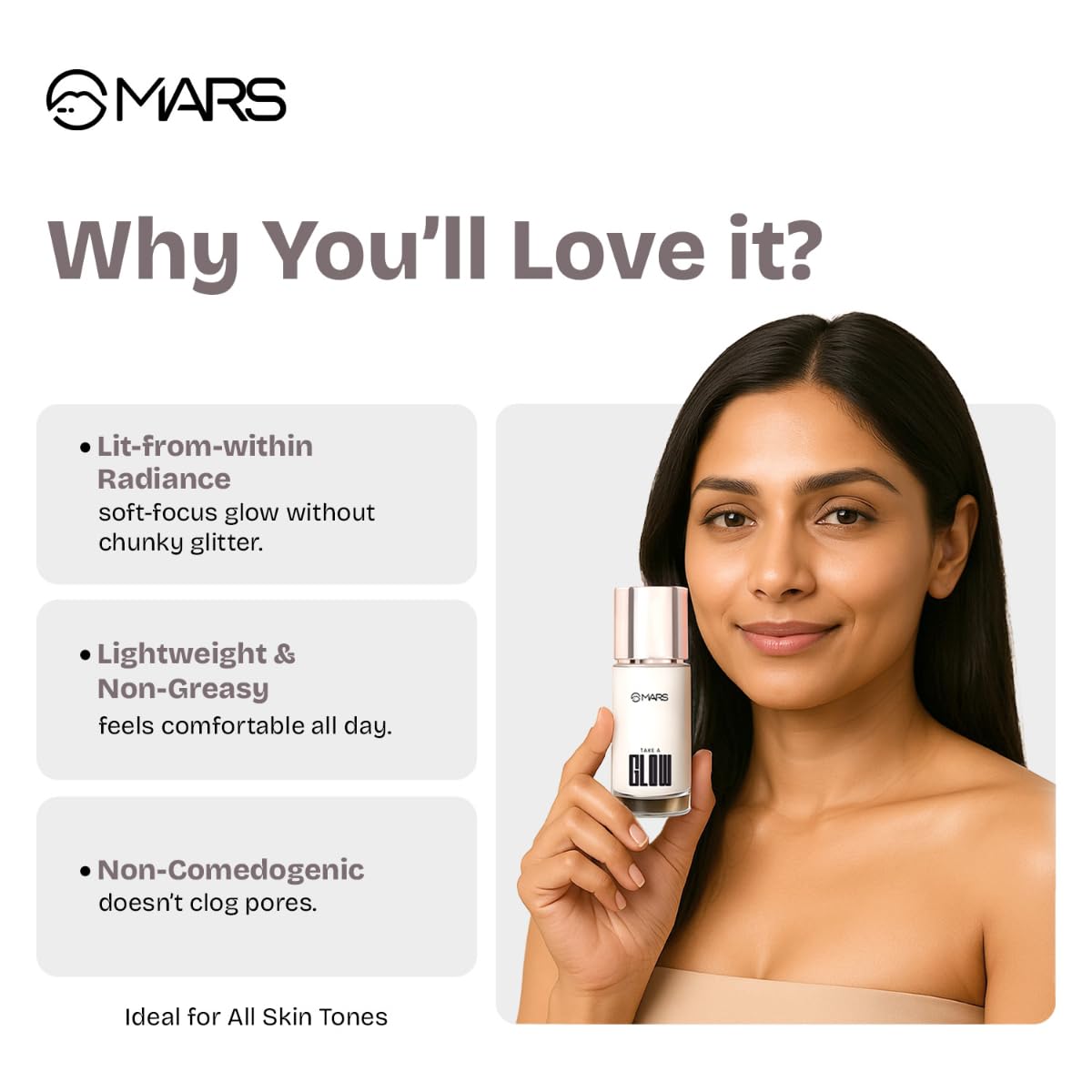 MARS Take A Glow Illuminating Primer + Strobe Cream | 3-in-1 Formula: Moisturiser, Face Primer & Highlighter | Enriched with Jojoba Oil, Madecassoside & Ectoin (30ml) (02-LIGHT BEAM)