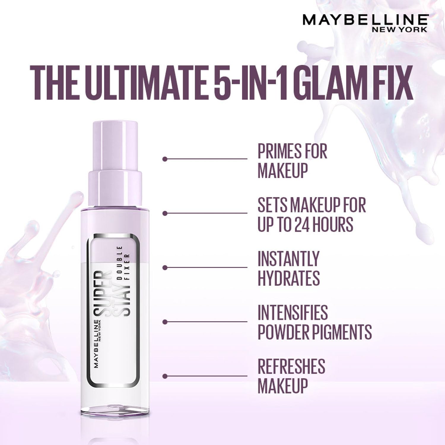 Maybelline New York Super Stay Double Fixer Setting Spray, 24HR Wear, Hydrating Spray, 55ml