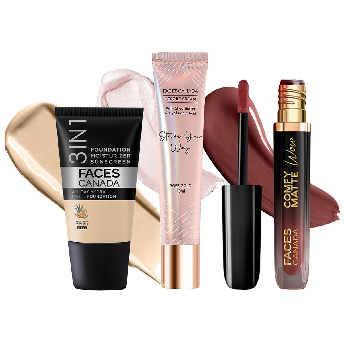 FACESCANADA Celeb Glow Combo | Strobe Cream - Rose Gold, 18ml + Hydra Matte Foundation - Absolute Ivory, 18ml + Comfy Matte Wow - Cocoa Crush, 3.8ml | Highlight