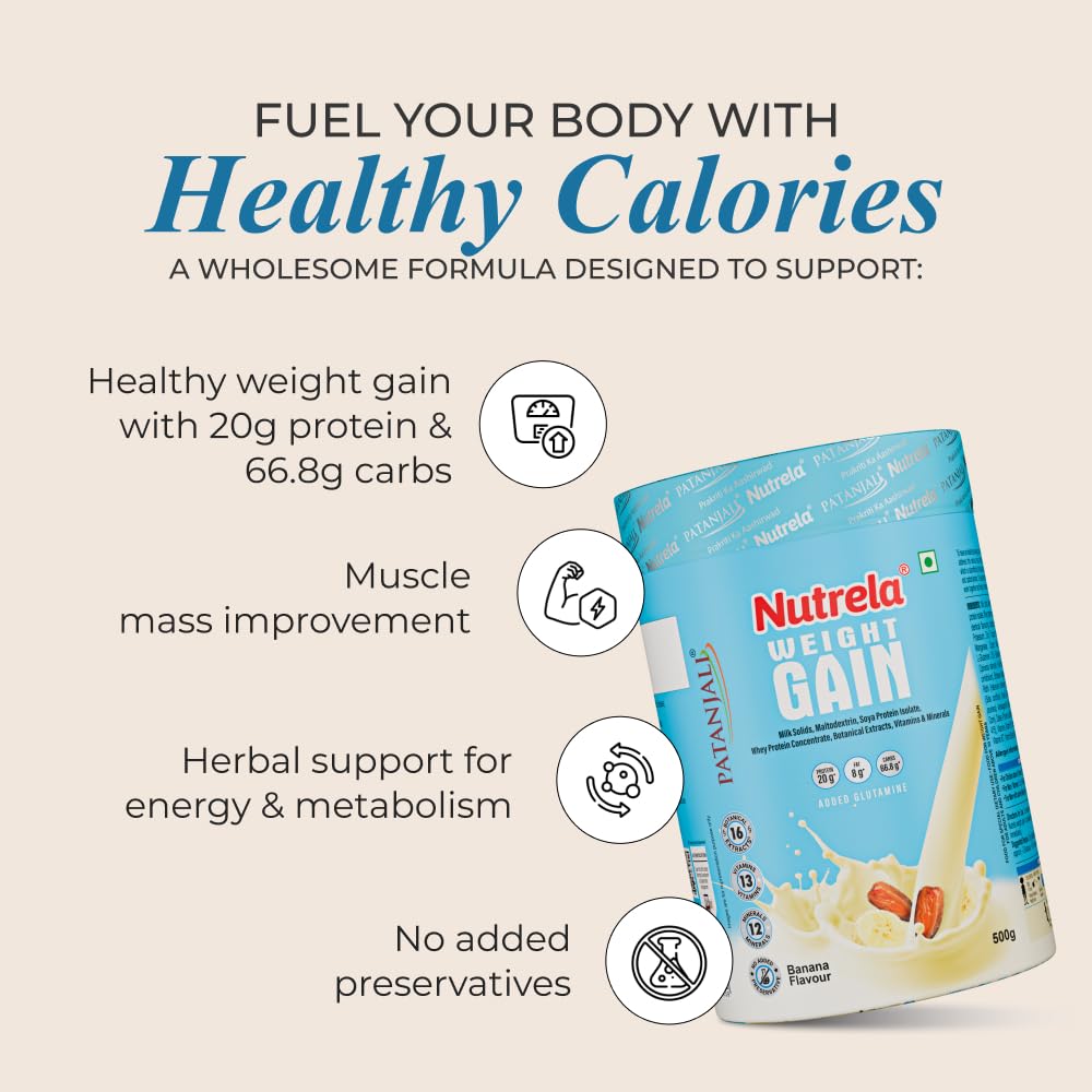Nutrela Weight Gainer | 500g Banana Flavour | High-Calorie Mass Gainer with Vitamins & Minerals | Ideal for Men Women & Kids Banana 500 g (Pack of 1)