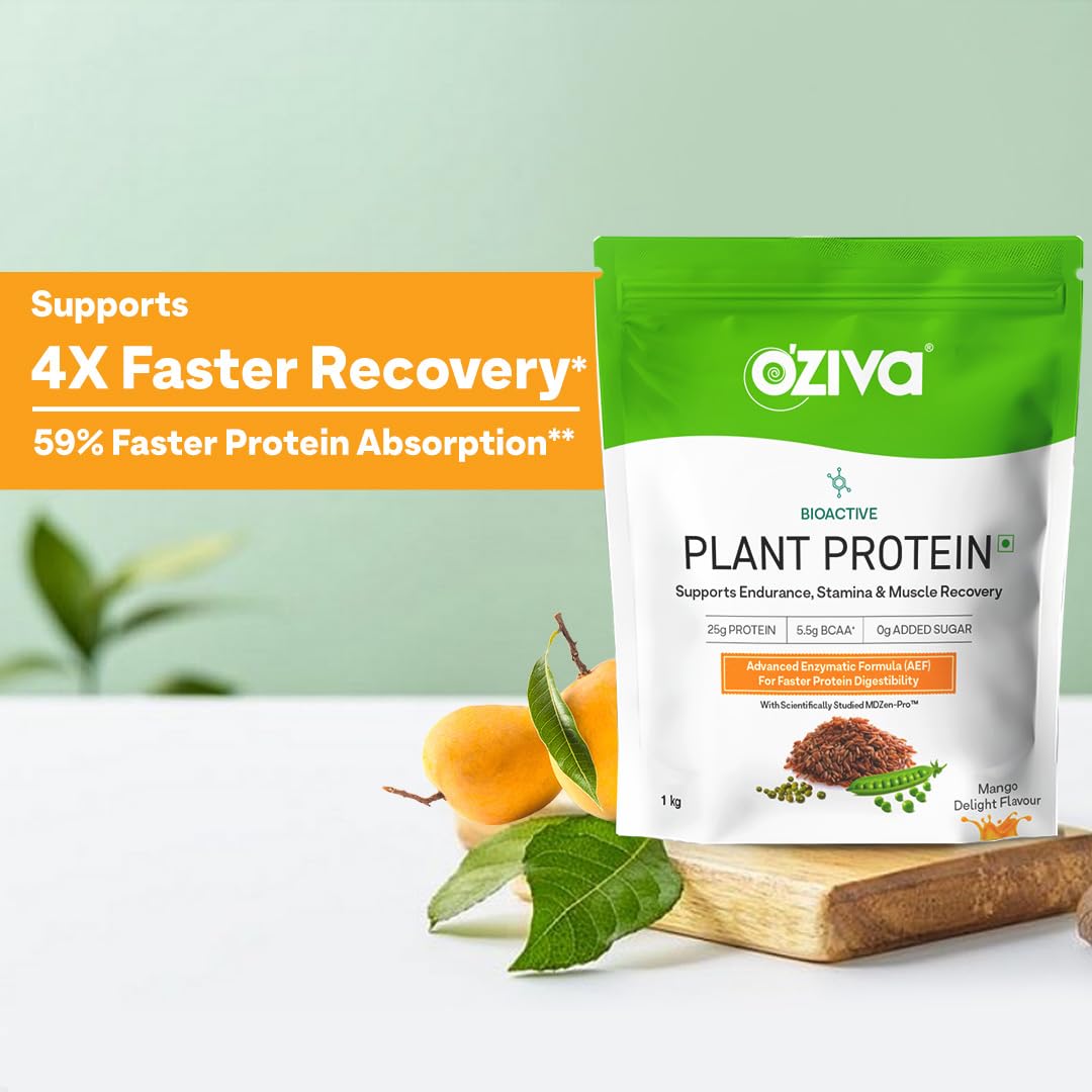 OZiva Bioactive Plant Protein Powder, 5.5g BCAA, Pea Isolate, Mango, 1kg