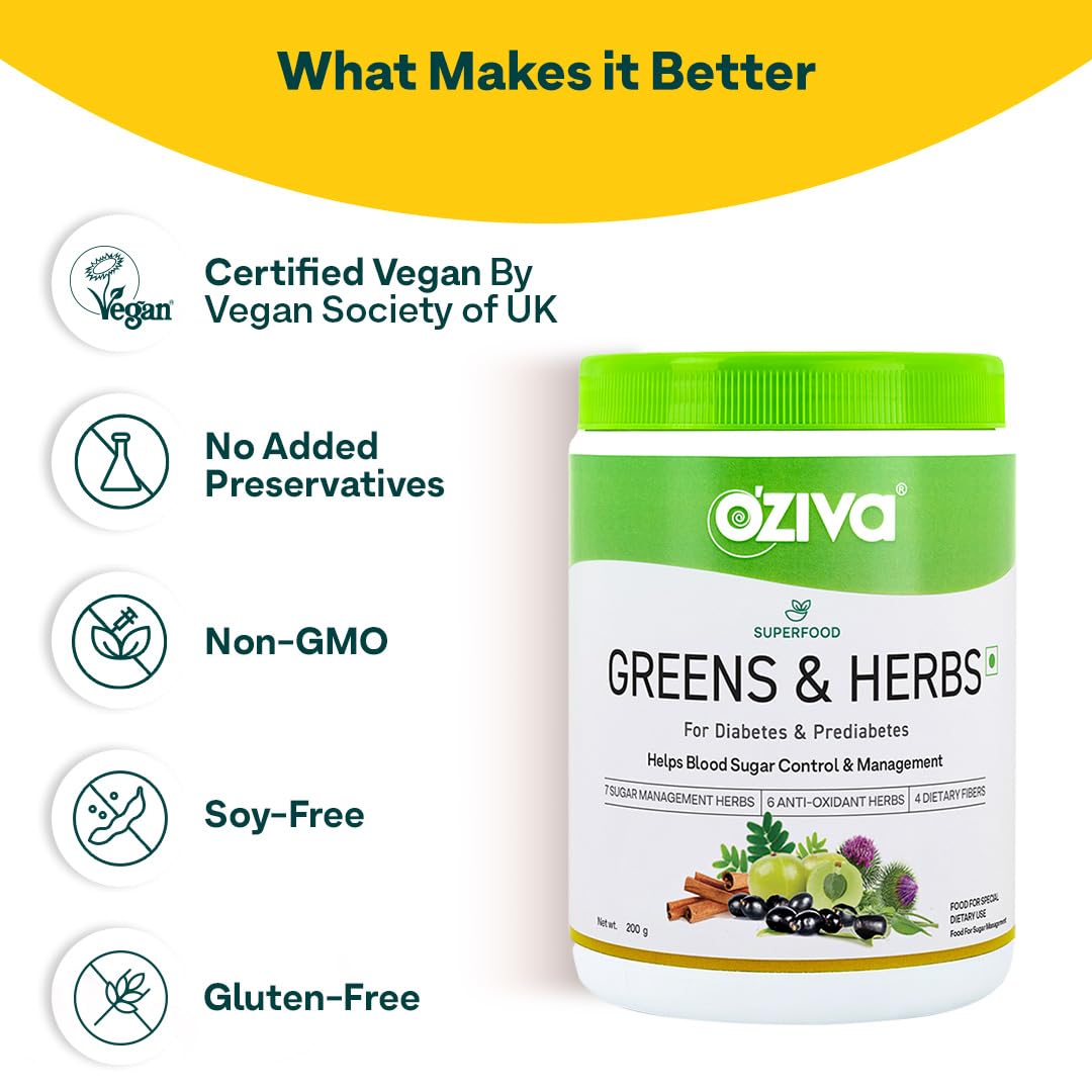 Oziva Superfood Greens & Herbs For Diabetes And Prediabetes Powder, 200G| Greens & Herbs For Sugar Control And Diabetes Management (With Moringa, Milk Thistle,