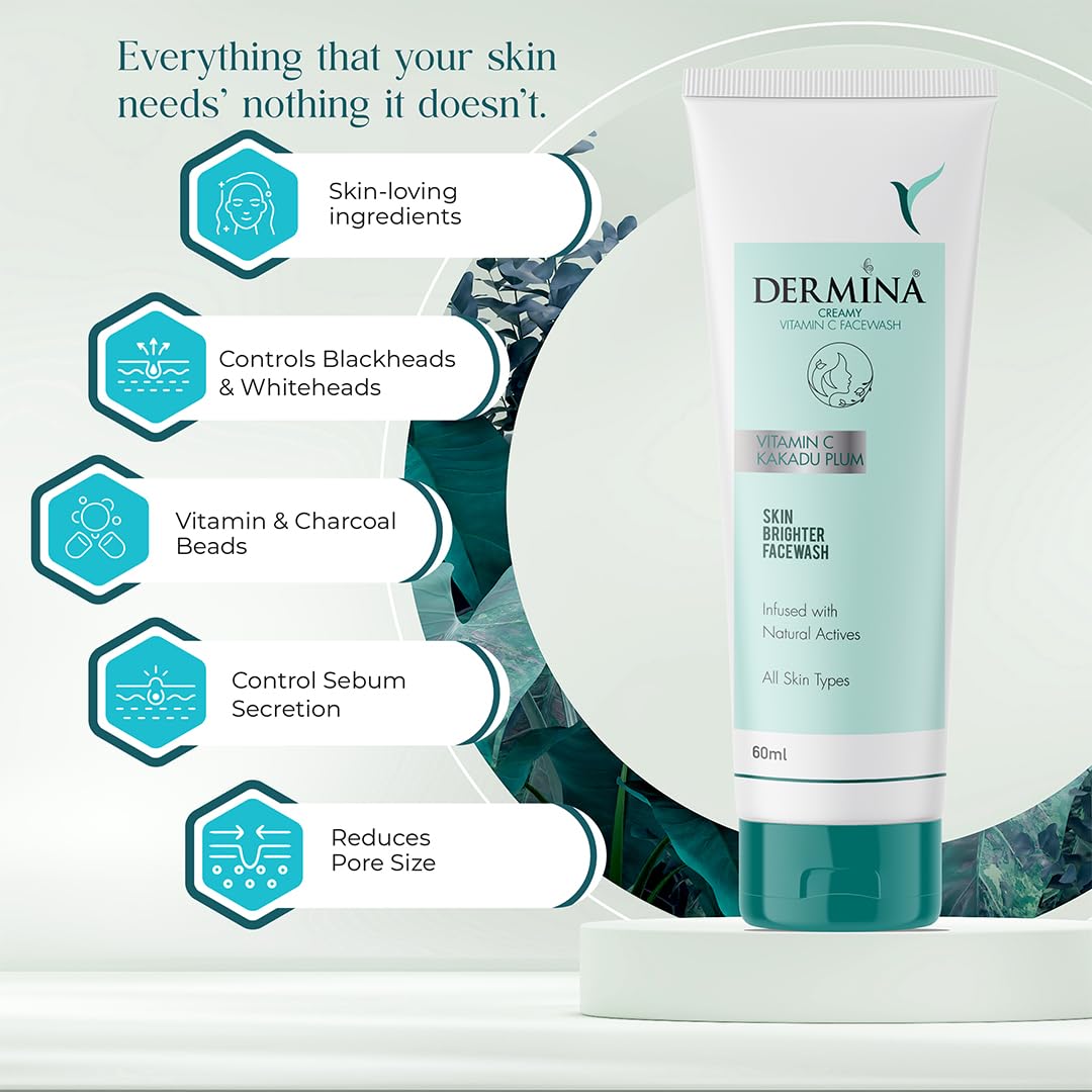 DERMINA Creamy Vitamin C Face Wash with Kakadu Plum for Clean & Glowing Skin | Oil Free Skin & Instant Glow | For All Skin Types | Women & Men | Pack of 2 | 60