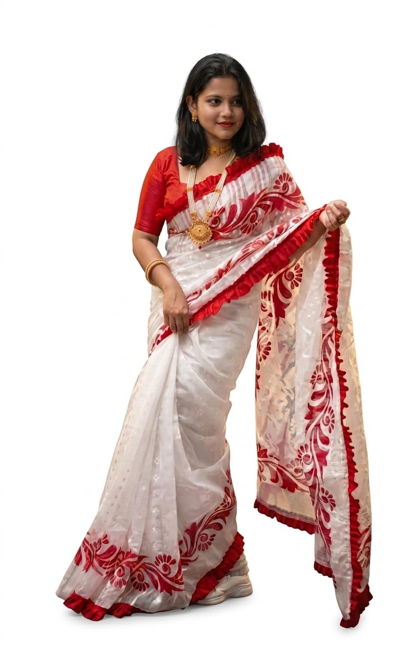 White Khadi Pure Cotton Saree with Multicolour Floral Embroidery, Daily Wear