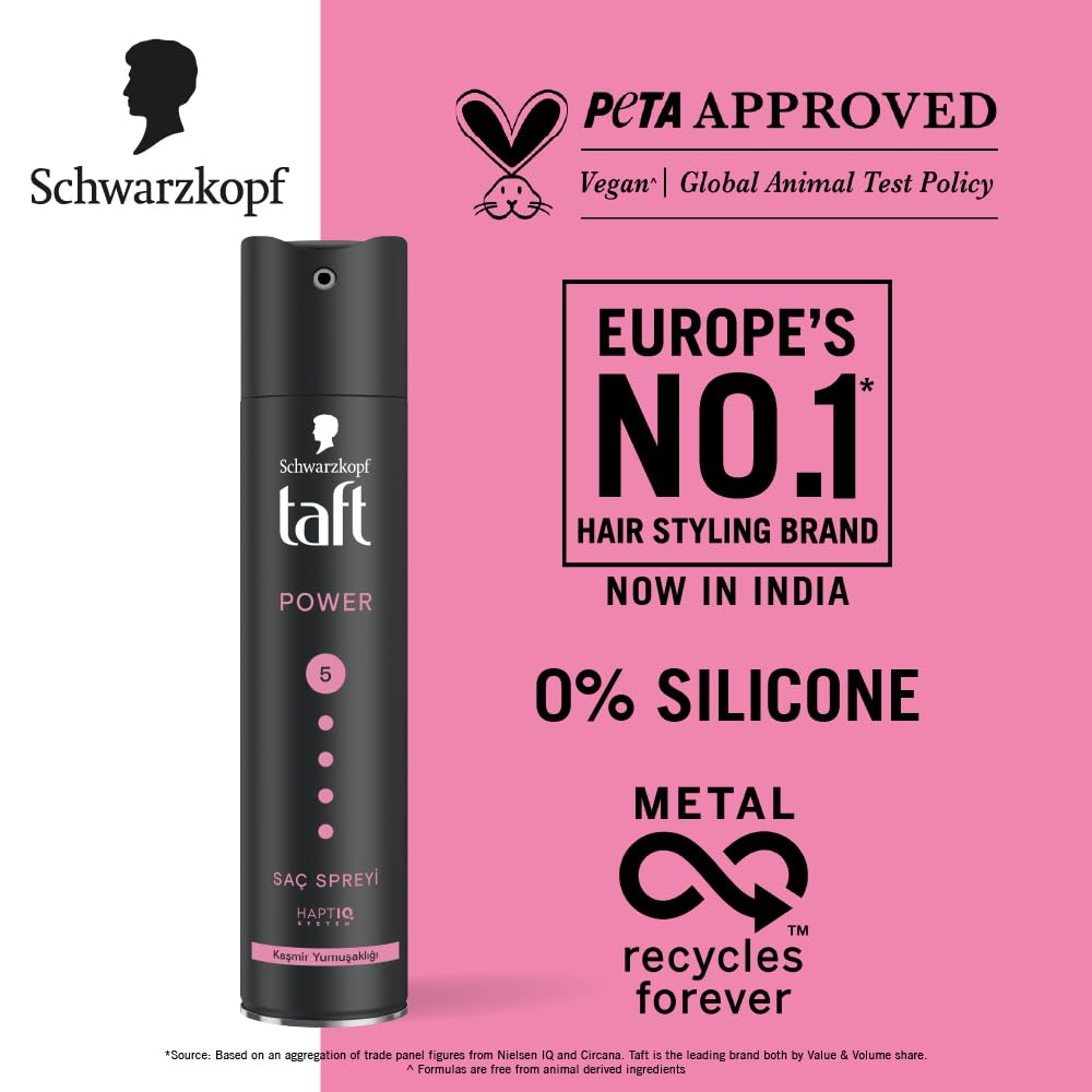 Schwarzkopf TAFT Power Hold 5 Hair Spray for Heat Protection, Cashmere like Softness for Dry, Damaged Hair | No Stickiness | Easy To Brush Out | For Salon Like