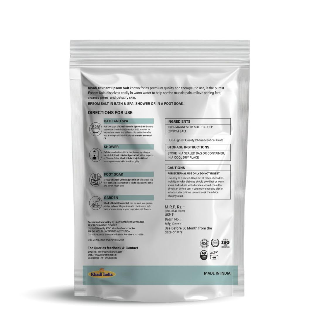 Khadi Utkrisht Epsom Salt, 100% Pure Magnesium Sulphate, Bath and Foot Soak for Muscle Pain Relief, Relaxation and Detox, 1 kg