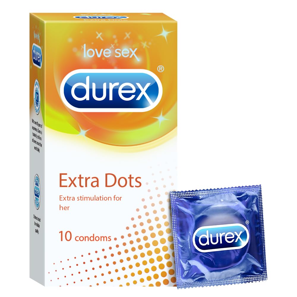 Durex Extra Dotted Condoms for Men | Textured Dotted Lubricated Condoms For enhanced sensations | 10 Count 10 count (Pack of 1) Extra Dots - 10 Count