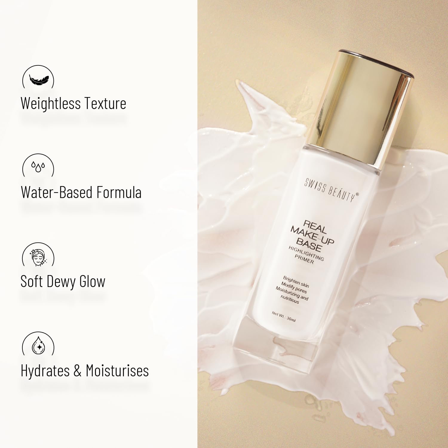 Swiss Beauty Real Makeup Base Highlighting Primer| Skin-Hydrating Poreless Primer With Natural Glow Finish For Face Makeup |Shade - 01 Natural Tint, 32Ml