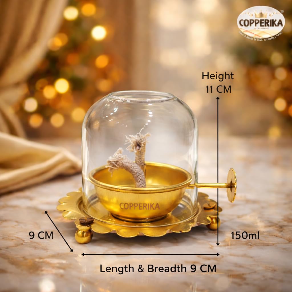Brass Akhand Diya with Adjustable Bati 150ML | Akhand Jyoti Diya Oil Lamp | Lifting Screw Wick Holder & Borosilicate Glass Cover | Large Size, 150 ml Oil Capaci