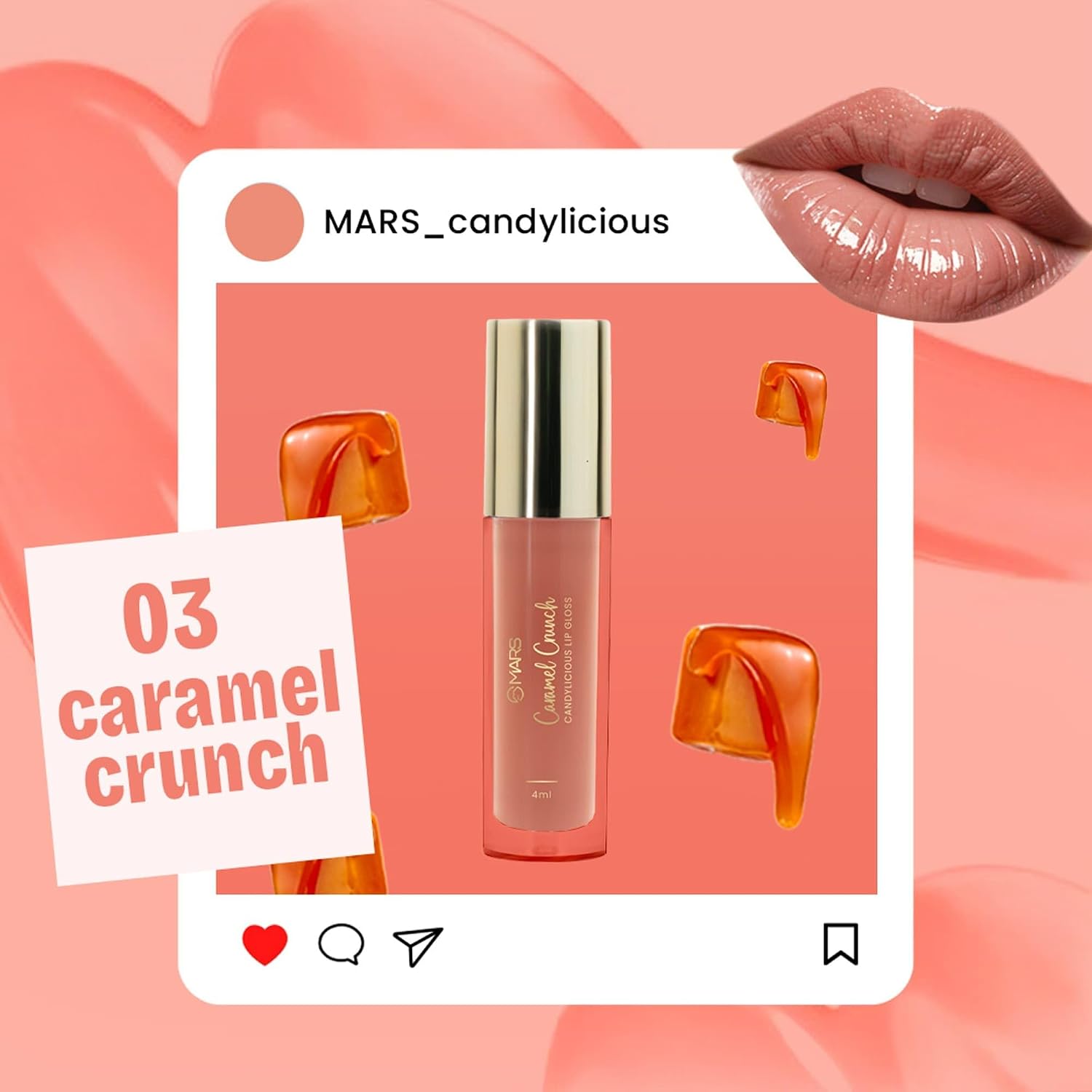MARS Candylicious Sheer Lip Gloss for Women | Hydrating & High Shine | Lightweight | Non-Sticky | Enriched with Vitamin-E, Hyaluronic Acid & Avocado Ester (4.0ml) (03-CARAMEL CRUNCH)