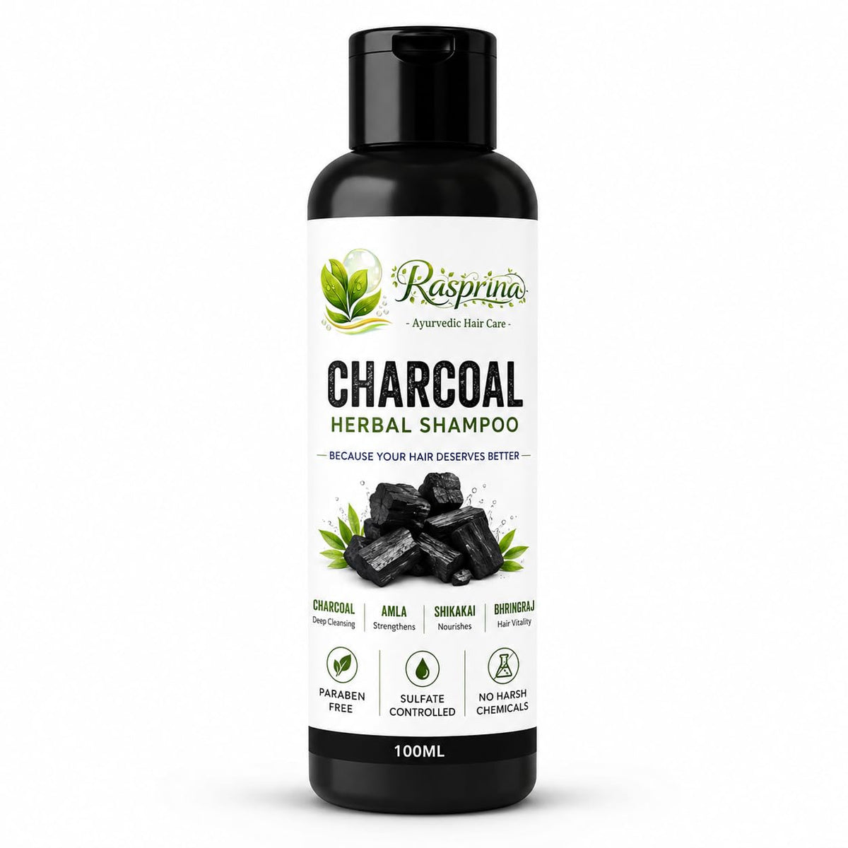 Charcoal Herbal Shampoo for Hair Fall Control with Amla, Shikakai, Neem, Bhringraj & Aloe Vera Extract Deep Cleansing & Anti Dandruff Sulfate, Paraben & Silicon