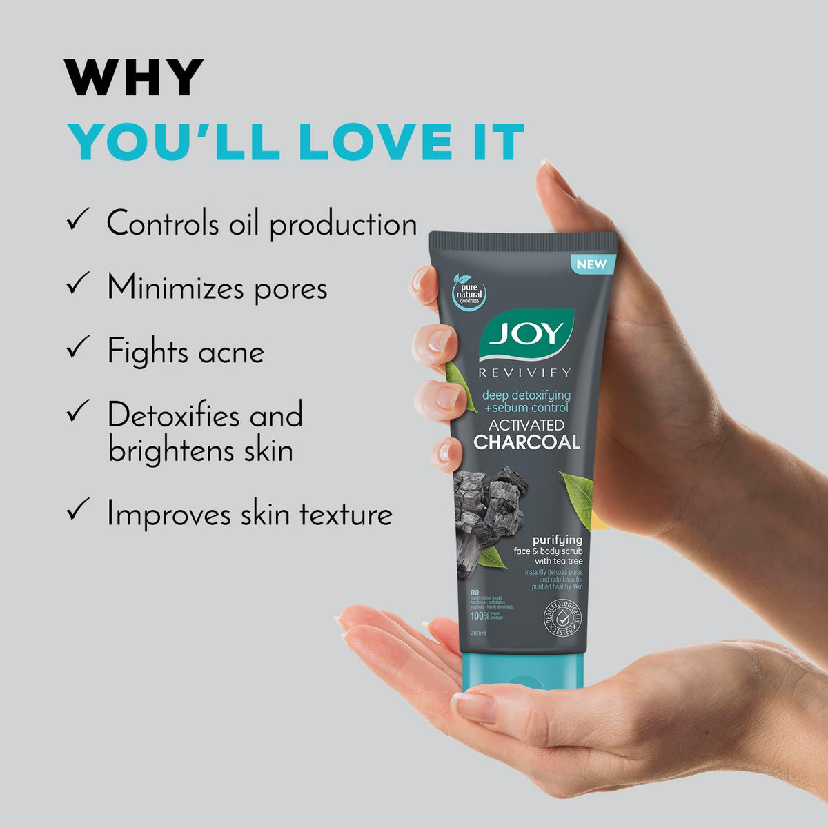 Joy Exfoliating Charcoal Face Scrub for Men & Women (200gm) | Oil Control Scrub For Face with Tea Tree | Detoxifies & Purifies All Skin Types | 100% Vegan; Gent