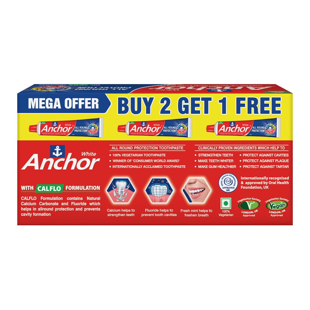 Anchor All Round Protection White Toothpaste 450g (150g x 3) | CALFLO Calcium & Fluoride Formula for Strong Teeth & Healthy Gums | Cavity, Plaque & Germ Protect