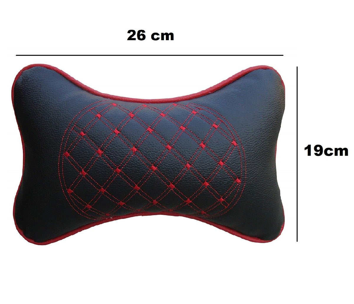 DETACHI Faux Leather Car Neck Rest Pillow/Cushion Set of Pillows Compatible with All Cars (Black, with RED Embroidery) - Pack of 2 Pieces Red & Black
