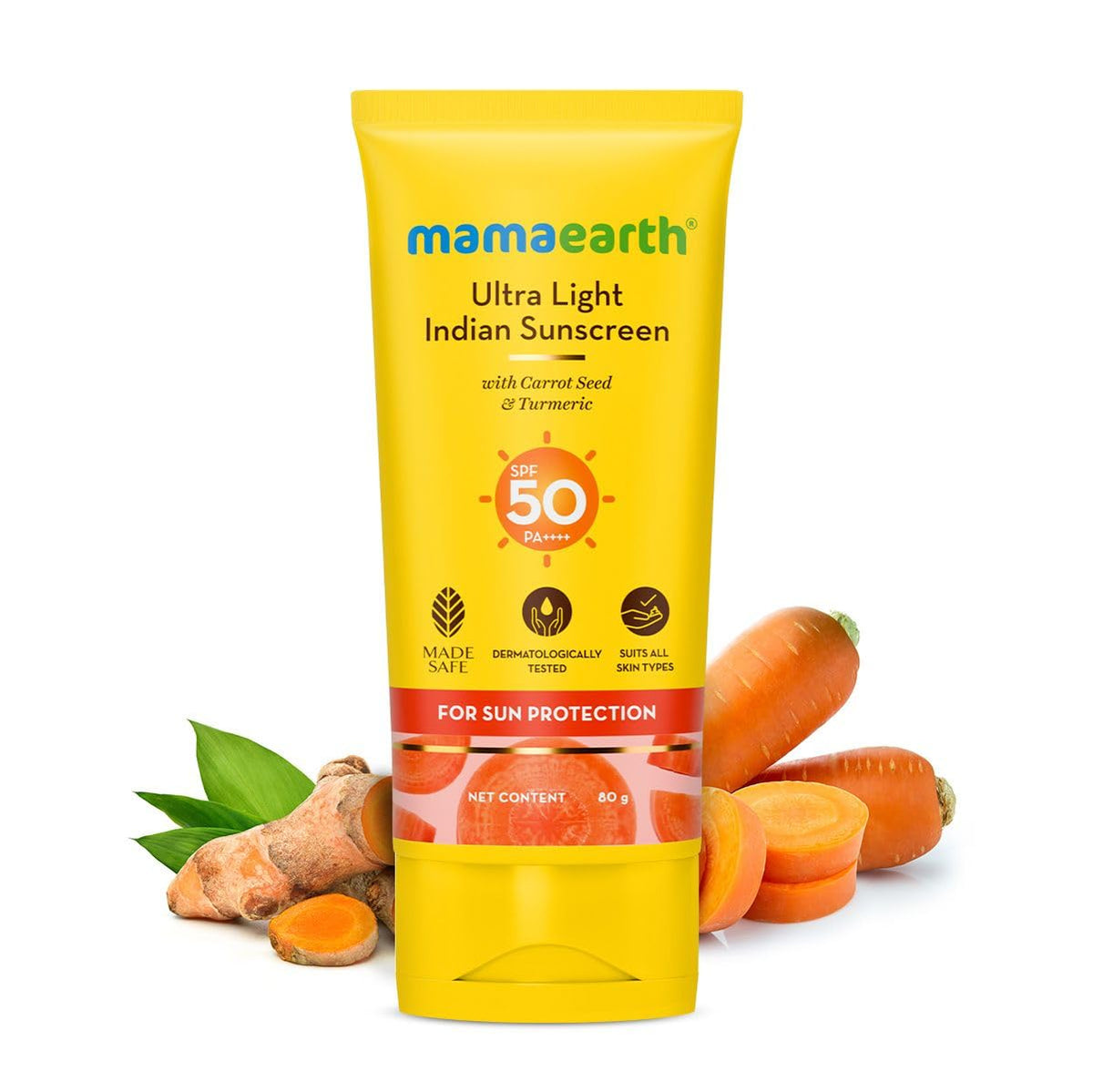 Mamaearth Ultra Light Indian Sunscreen with Carrot Seed & Turmeric | SPF 50 PA ++++ | UVA & UVB Protection | Tan Protection | No White Cast | Non-Greasy & Quick
