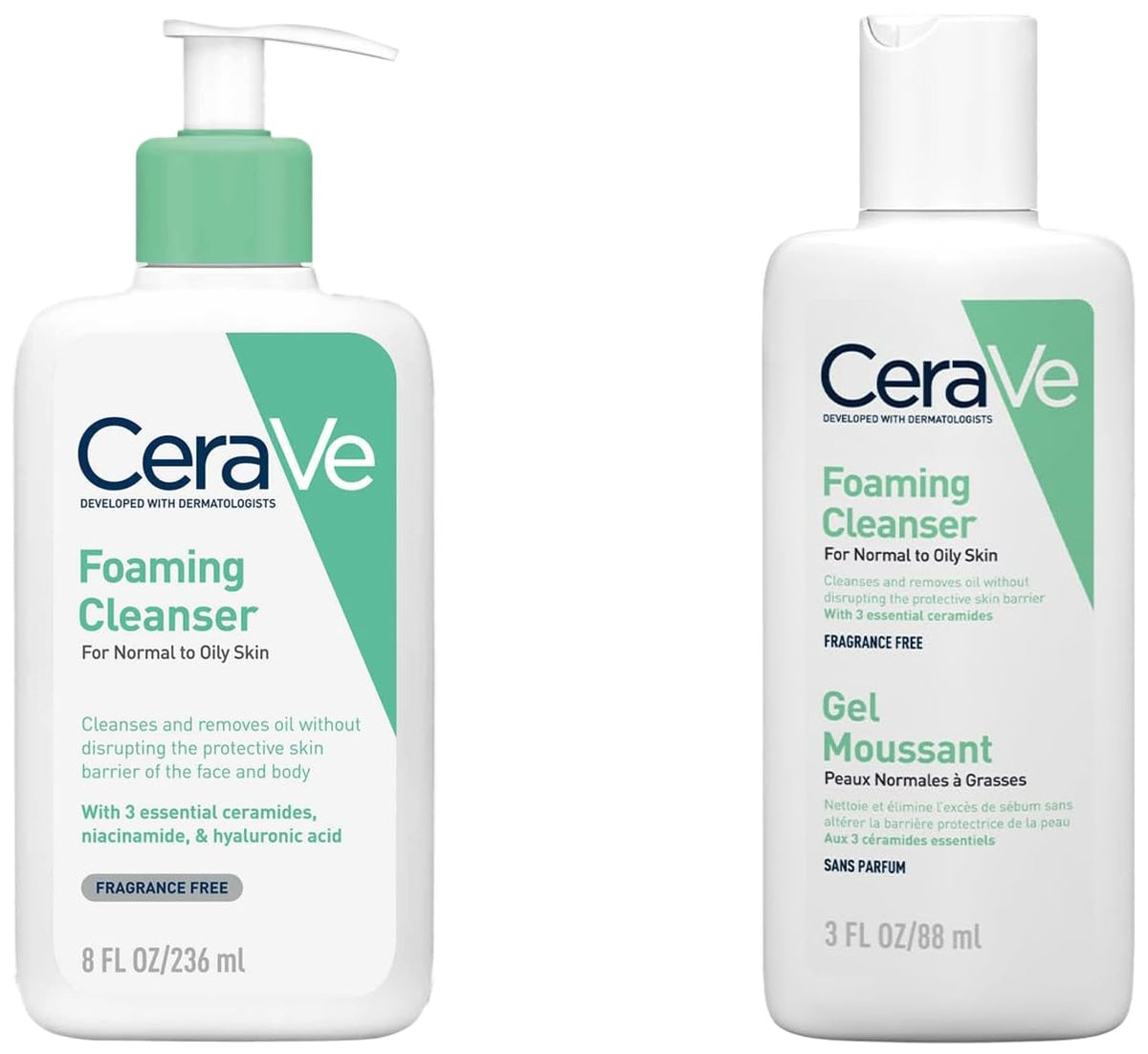 CeraVe Foaming Cleanser For Normal To Oily Skin (236ml) & Foaming Cleanser For Normal To Oily Skin (88ml) - Dermatologist-Developed Facewash |Fragrance-Free Cle