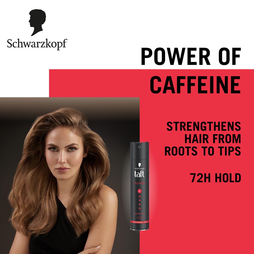 TAFT Schwarzkopf Power Hair Spray With Caffeine Formula For Strengthening Hair Hold 5, 72Hr Hold Protection From UV Rays, Wind And Humidity, No Stickiness, Easy
