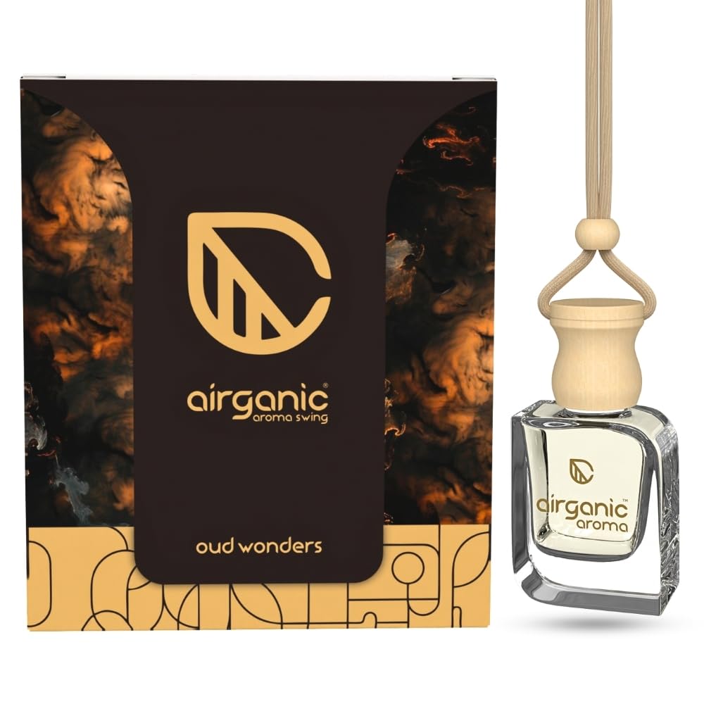 AIRGANIC Aroma Swing - Pack of 3 (30 ml): Oud Wonders, Lavender & Snow Smog | Aroma with Essential Oils in Glass Bottle with Wooden Diffuser Lid | Hanging Car F