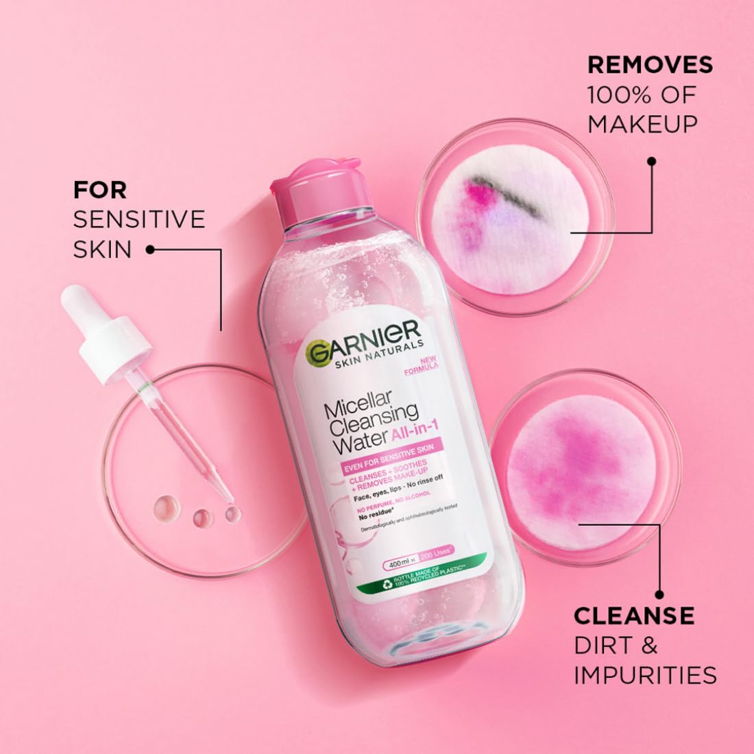 Garnier Micellar Cleansing Water For Sensitive Skin | Make-Up Remover & Cleanser - Removes makeup, dirt & impurities & Hydrates Skin | Just Pour, Press & Swipe | 400ml
