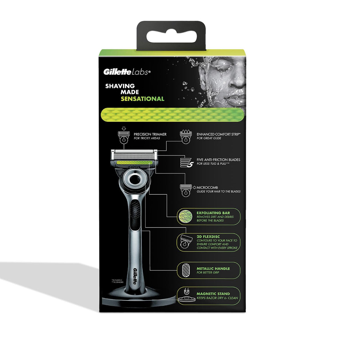 Gillette Labs Razor For Men, With 2D Flexdisc Technology, Magnetic Stand, Exfoliating Bar, Metallic Handle, 5 Anti-Friction Blades,Precision Trimmer,Waterproof