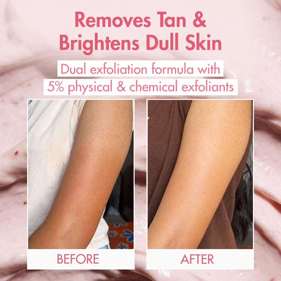 mCaffeine Dual Action Guava De-Tan Body Scrub with 5% Natural & Chemical Exfoliants | Glycolic, Lactic & Salicylic Acid | Reduces Tan & Brightens Skin | Fruity,