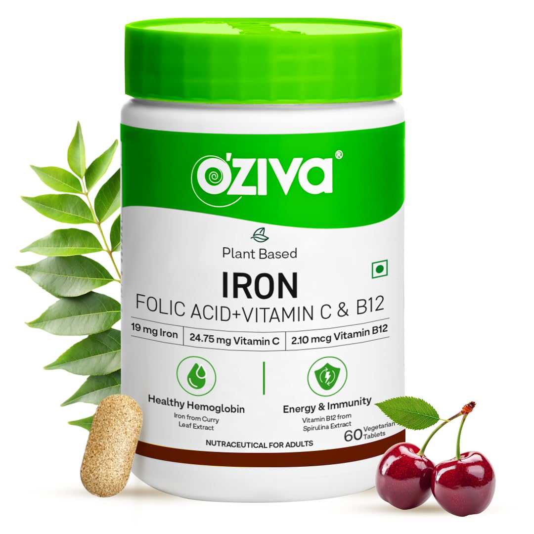 OZiva Iron Supplement with Folic Acid, Vitamin C & B12 | Supports hemoglobin, energy & immunity | For Men & Women - 60 Tablets Starter Pack - Pack 1
