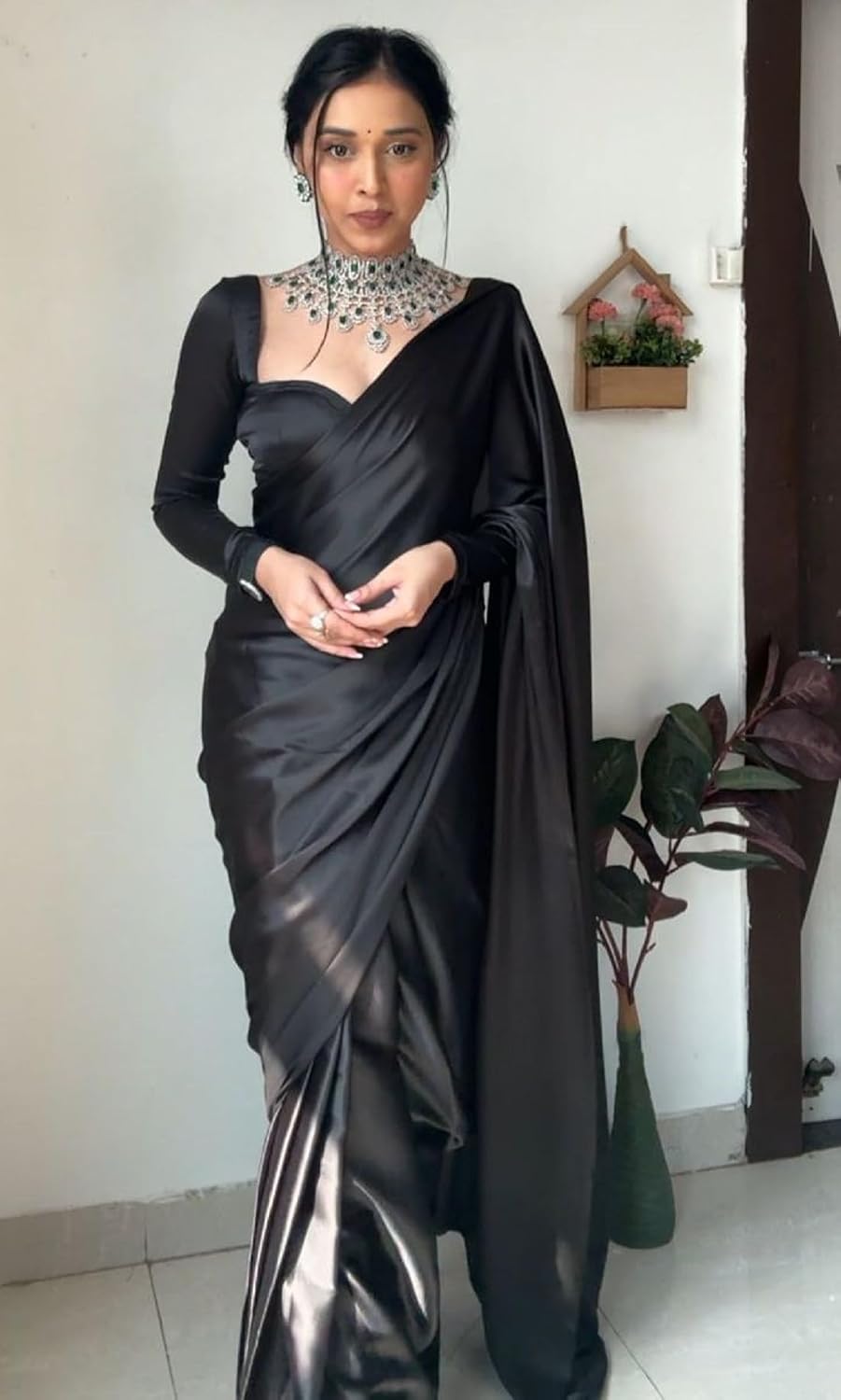 Women's Ready to Wear Plain Satin Silk 1 Minute Pre Pleated Saree With Black Unstitched Blouse Free size Black