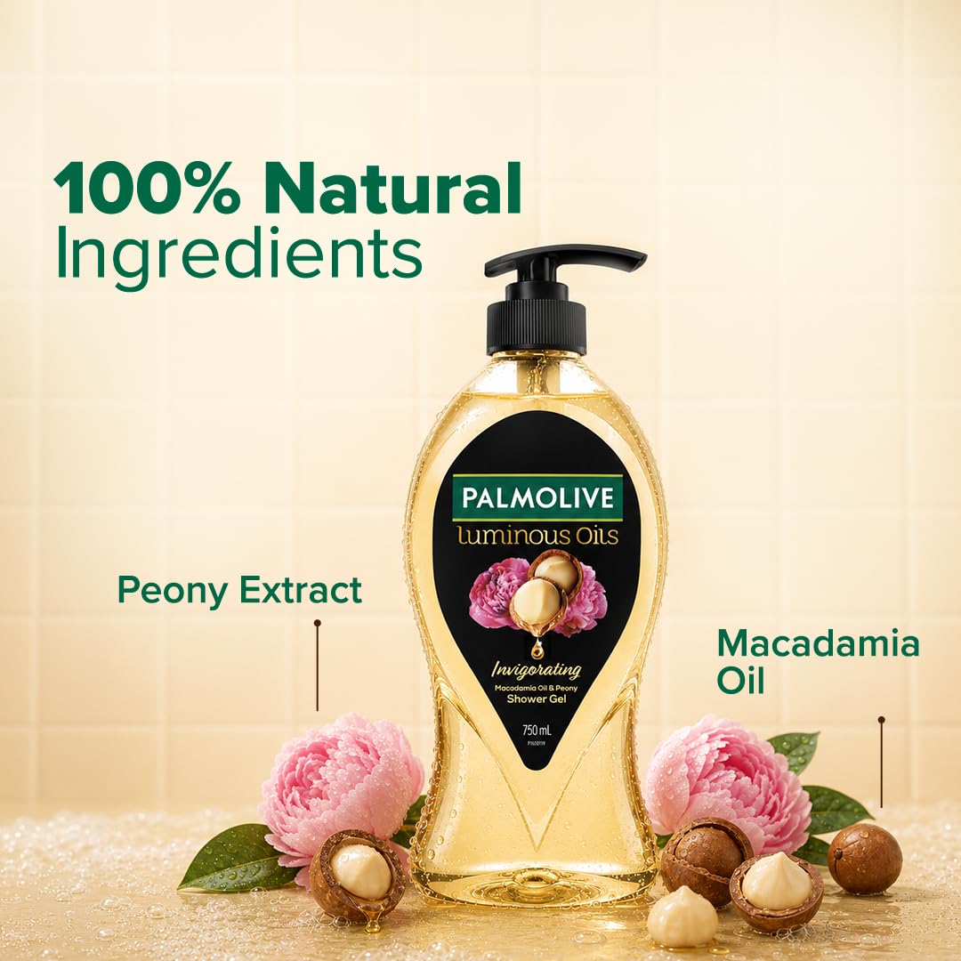 Palmolive Luminous Oil Invigorating Body Wash, 750ml Pump Bottle, 100% Natural Macadamia Oil & Peony Extracts For Everyday Freshness & Radiant Skin, PH Balanced