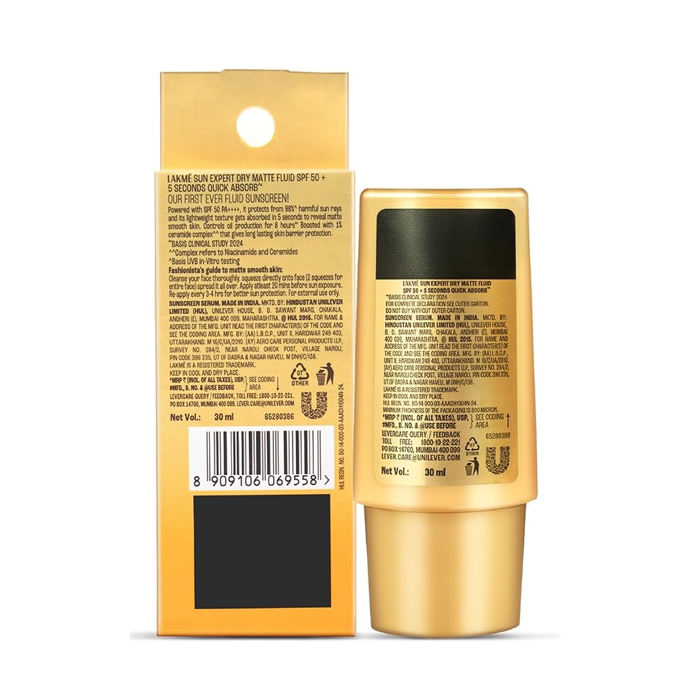 Lakme Fluid SPF 50 PA++++ In-Vivo tested Sunscreen With 1% Niacinamide & Ceramide,all skin type 30ml