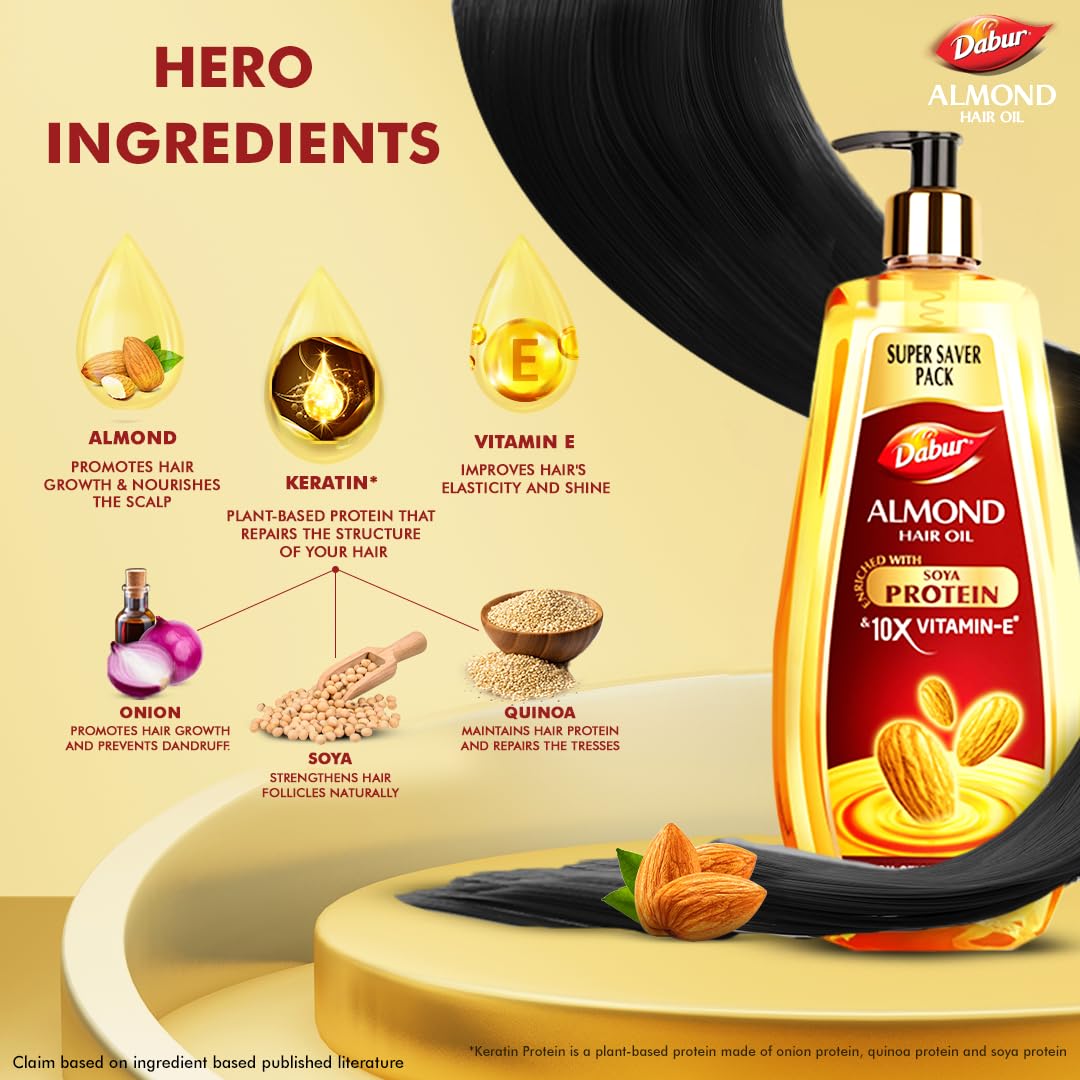 Dabur Almond Hair Oil - 650 ml|Provides Damage Protection|Non Sticky Formula|For Hair Fall control & Shiny Hair|Light Hair Oil with Almonds, Keratin Protein, Soya Protein & 10X Vitamin E (Pack of 1)