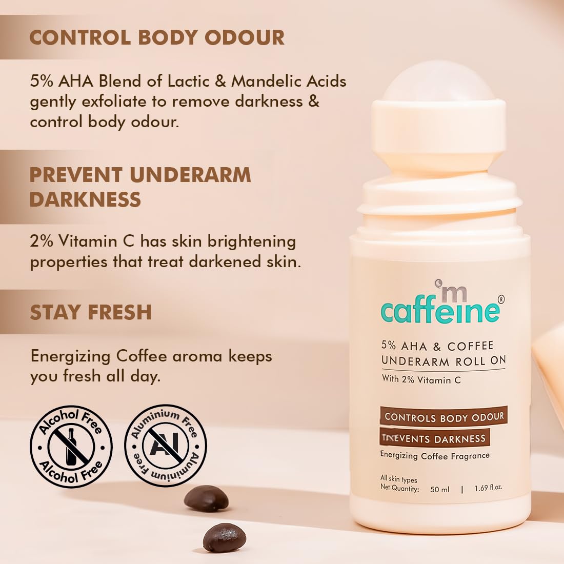 mcaffeine 5% Aha Underarm Roll On With Coffee,5% Lactic Acid&Mandelic Acid|48H Body Odour Control|Prevents Dark Underarms&Pigmentation,Kills Bacteria|Alcohol&Al