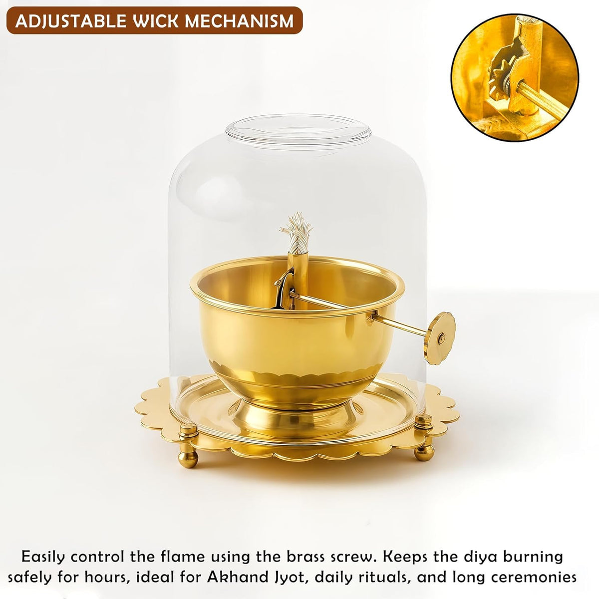 Brass Akhand Jyoti Diya Oil Lamp with Adjustable Bati Knob | Lifting Screw Wick Holder & Borosilicate Glass Cover | Large Size, 200 ml Oil Capacity, Stay Lit fo