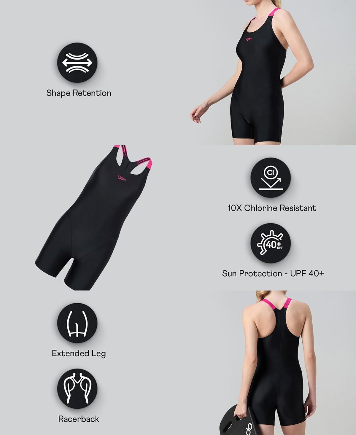 Speedo Women's Endurance+ Sleeved Myrtle U-Back Legsuit Swimming Costume Swimwear | 100% Chlorine Resistant | UPF 40+ Sun Protection | Quick Drying | Removable