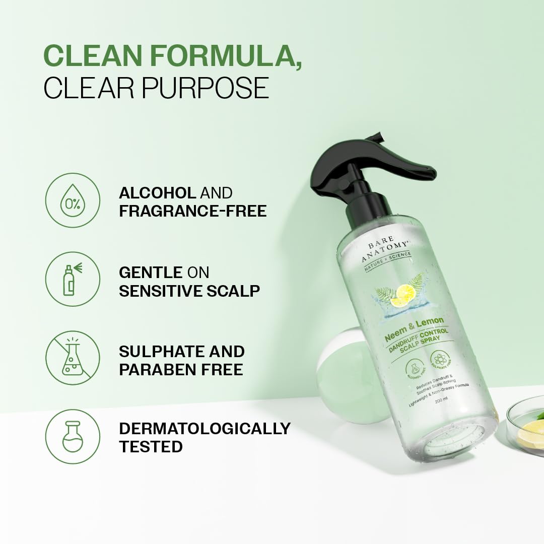Bare Anatomy Nature x Science Dandruff Control Scalp Spray for Dandruff & Flake Reduction with Neem Leaf, Lemon & Tea Tree Extract | Lightweight & Non-Sticky Formula | Refreshes & Soothe Scalp | 200ml