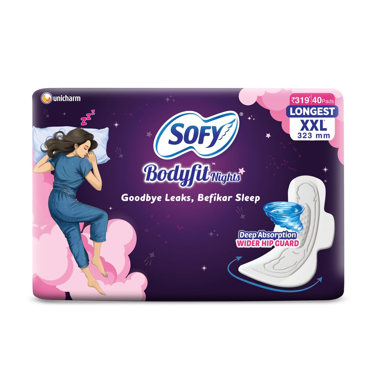 Sofy Women Bodyfit Longest XXL Sanitary Pads |Night Protection|Wider Hip Guard| Deep Absorption | Comfy dry cover| XX-Large, Pack Of 40 XXL-Large 40