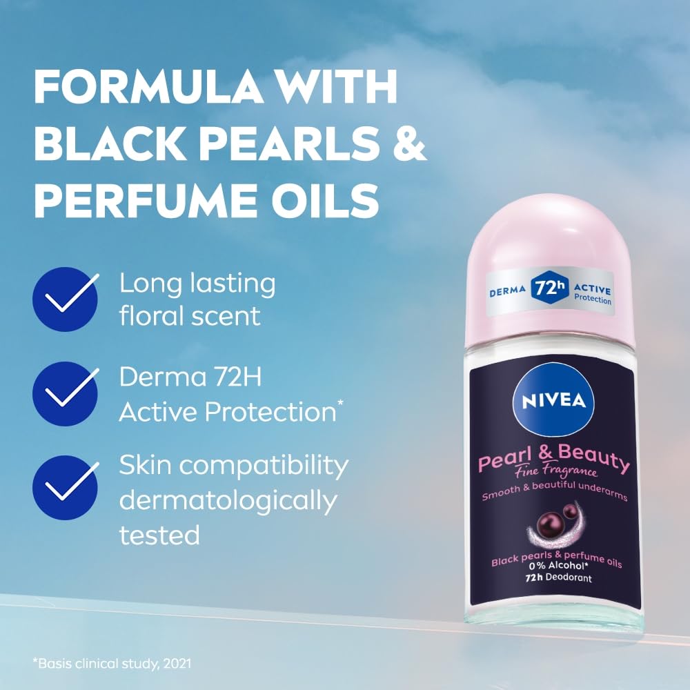 NIVEA Women Pearl & Beauty Roll On Deodorant, Underarm Deodorant with 72H Active Odour Protection, Long-Lasting Floral Fragrance, Underarm Roll On for Fresh, Be