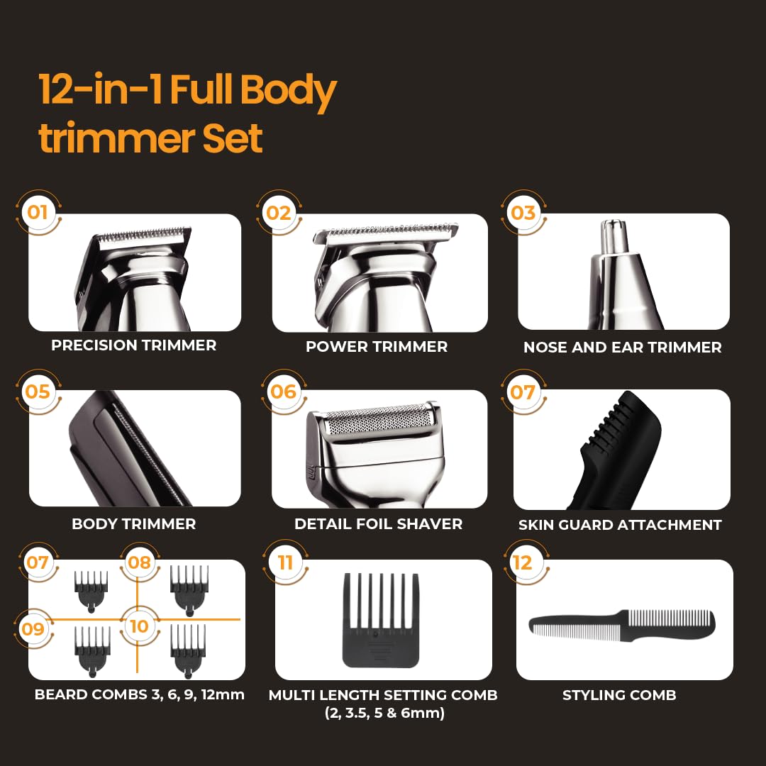 Airluxe GroomMaster 12-in-1 Body Trimmer for Men | Full Body Grooming Kit with Precision, Body, Nose & Ear Trimmer, Foil Shaver | IPX7 | LED Display | 90 Min Ru