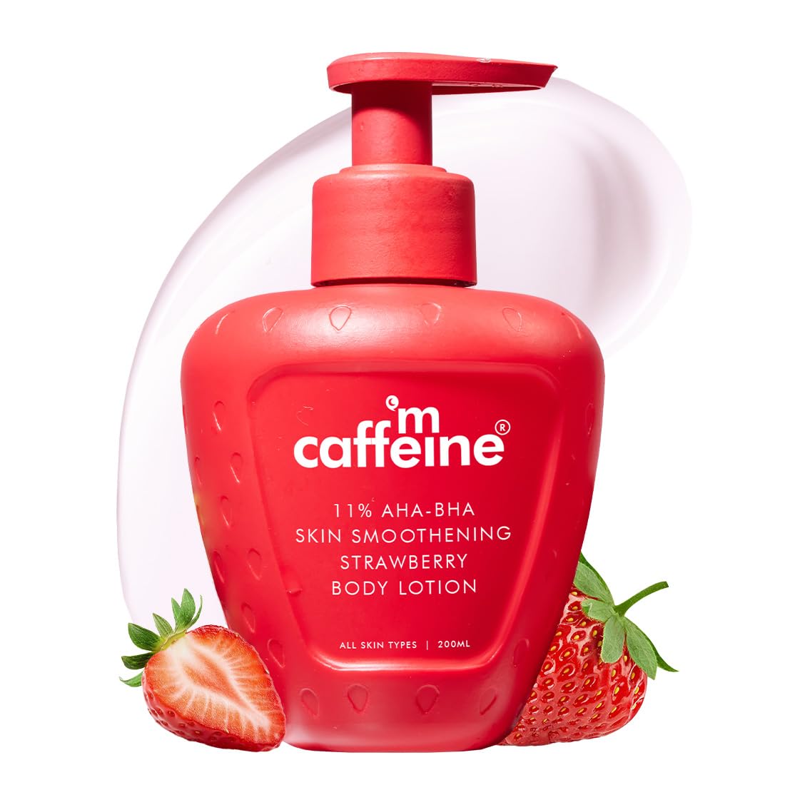 mCaffeine 11% AHA BHA Strawberry Body Lotion for Skin Smoothening | Gently Exfoliates Dead, Dry, Even Tones Skin | 72hr Moisturization | Juicy Strawberry Scent,
