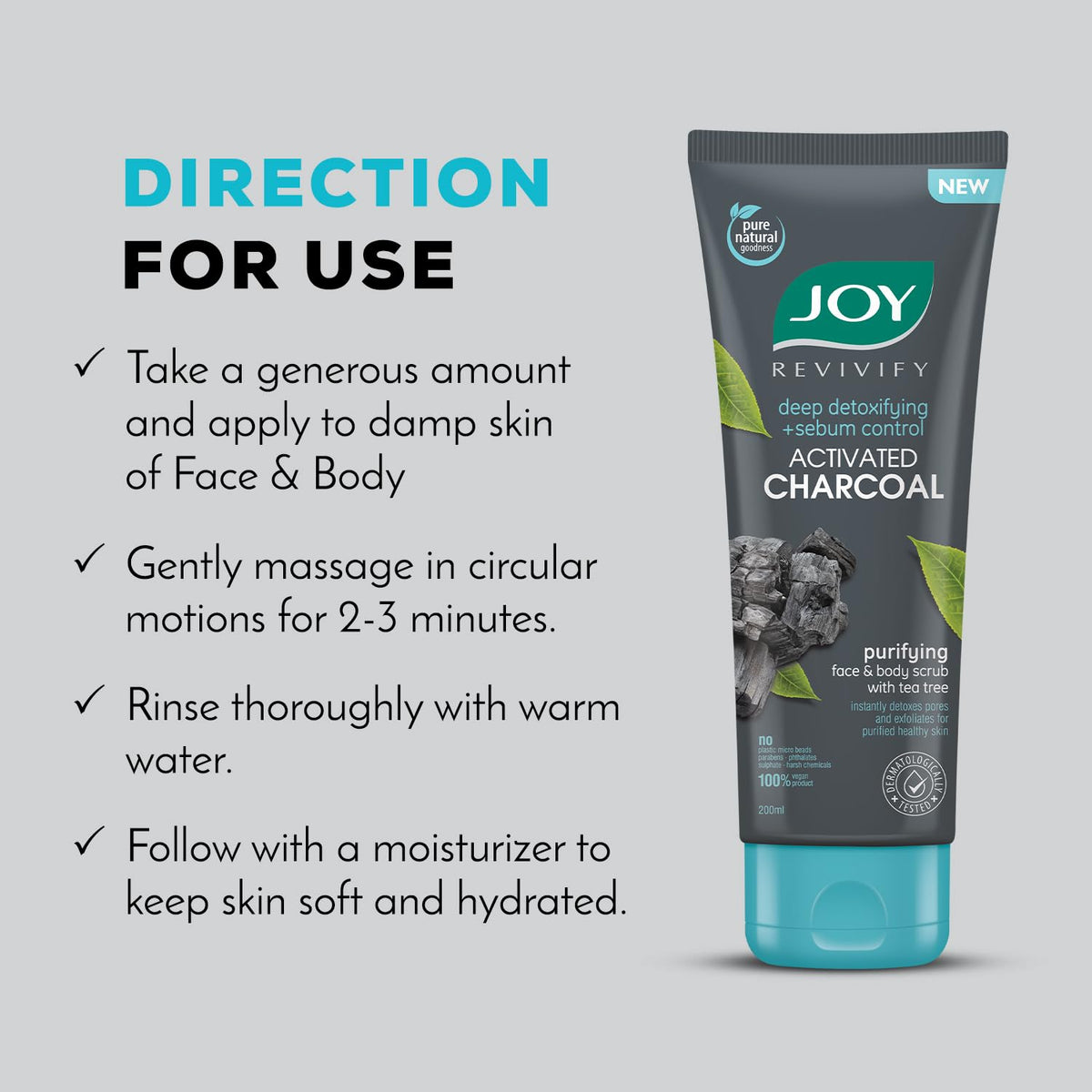 Joy Exfoliating Charcoal Face Scrub for Men & Women (200gm) | Oil Control Scrub For Face with Tea Tree | Detoxifies & Purifies All Skin Types | 100% Vegan; Gent