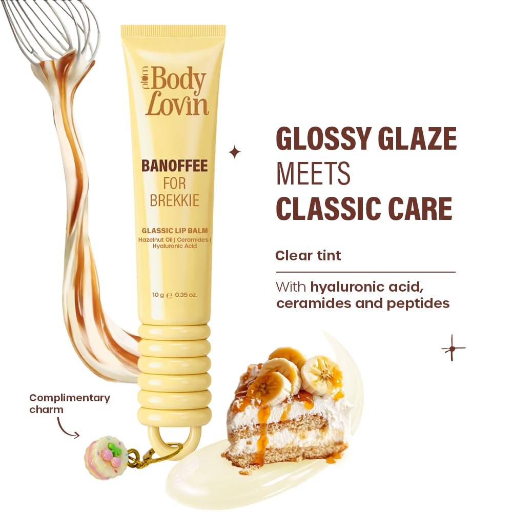 Plum BodyLovin’ Banoffee For Brekkie Glassic Lip Balm | Banana Toffee Nude Gloss Tint | Hydrating Lip Balm with Hazelnut Oil, Ceramides & Hyaluronic Acid | Mois