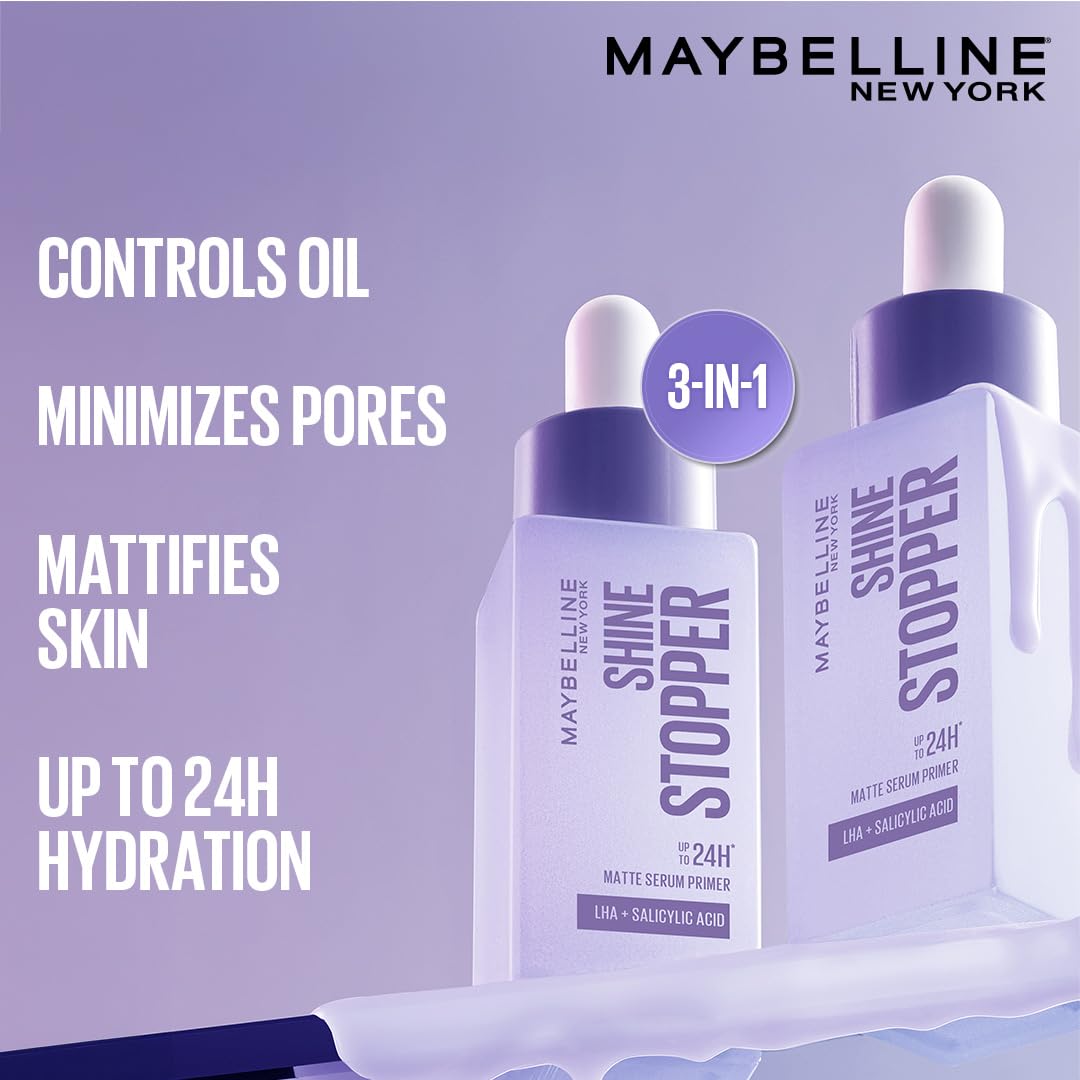 Maybelline New York Shine Stopper Primer | 3-in-1 Serum Primer for Oily Skin to Prime, Mattify, Hydrate with LHA & Salicylic Acid, 25ml