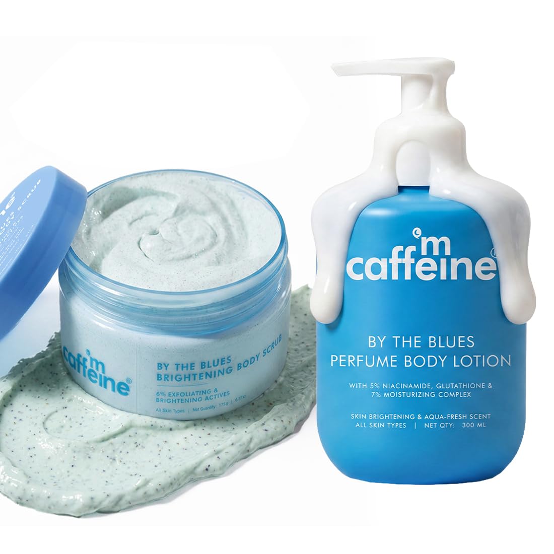 mCaffeine Bright Body Duo | By The Blues Exfoliating & Brightening Scrub & Perfume Lotion | 6% Actives | Walnut & Apricot | Niacinamide & Glutathione | 72 hr Mo