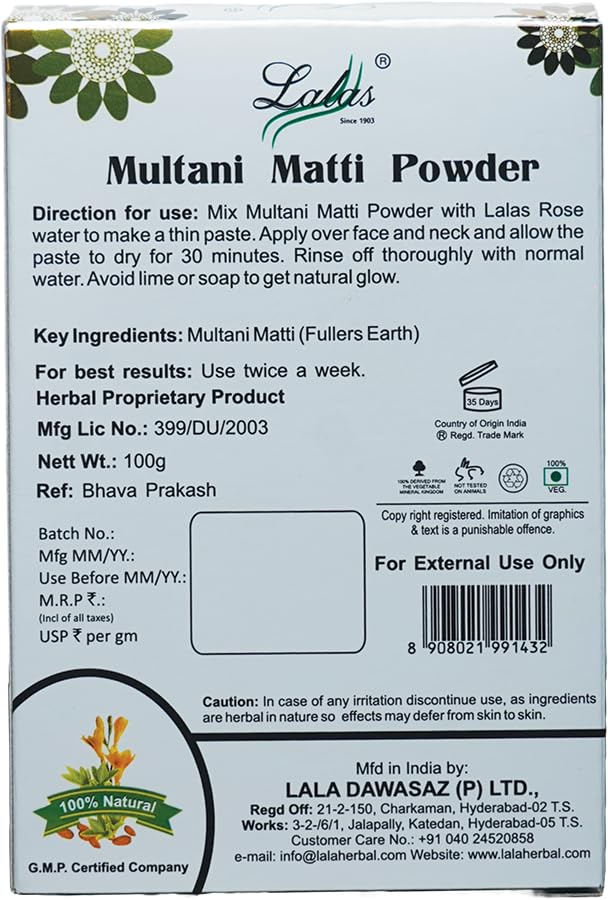 LALAS Multani Mitti Powder for Men & Women | 100% Pure & Natural Fuller's Earth | Deep Cleansing & Oil Control | Face, Skin & Hair Care | Detox & Glow | 100gm E