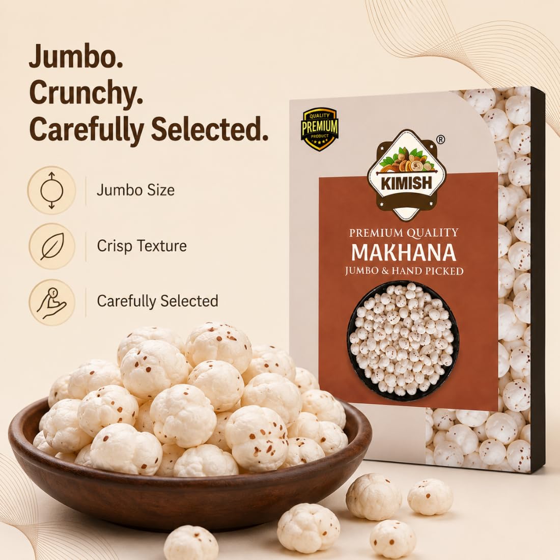 KIMISH Premium Quality Raw Makhana | 200g | Jumbo & Hand Picked Fox Nuts | Phool Makhana for Snacking, Fasting & Indian Recipes | Crunchy Lotus Seeds | 100% Veg