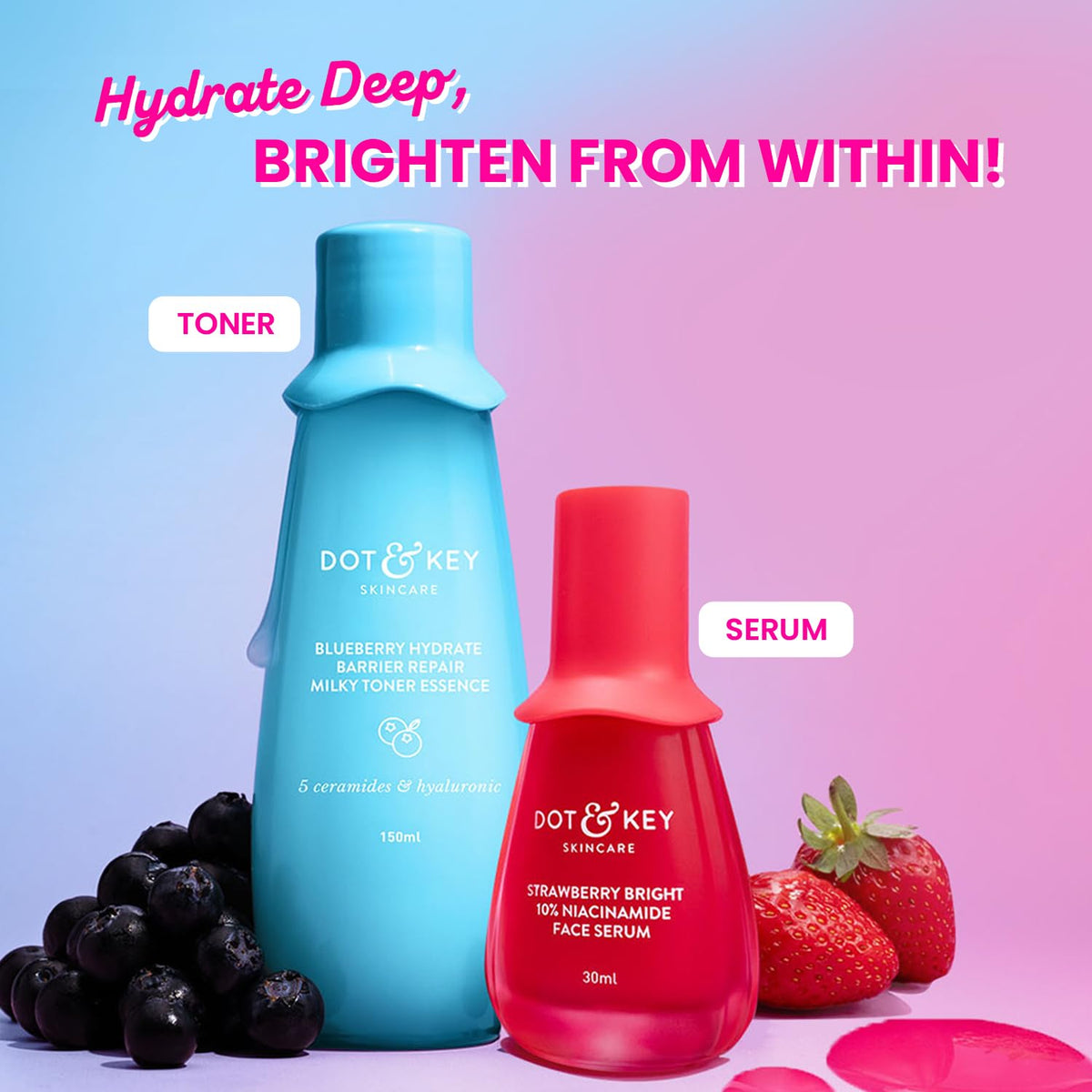 Dot & Key Strawberry Niacinamide Serum + Barrier Repair Toner Combo | Hyaluronic & Rice Water, Hydrates & Smoothes Skin | Fades Dark Spots, Hyperpigmentation &