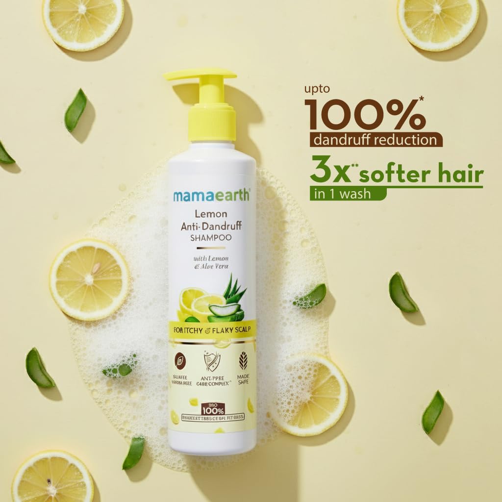 Mamaearth Lemon Anti-Dandruff Shampoo with Lemon, ZPTO, Climbazole, Aloe Vera for Itchy & Flaky Scalp | Upto 100% Dandruff Reduction & 3X Softer Hair in 1 Wash