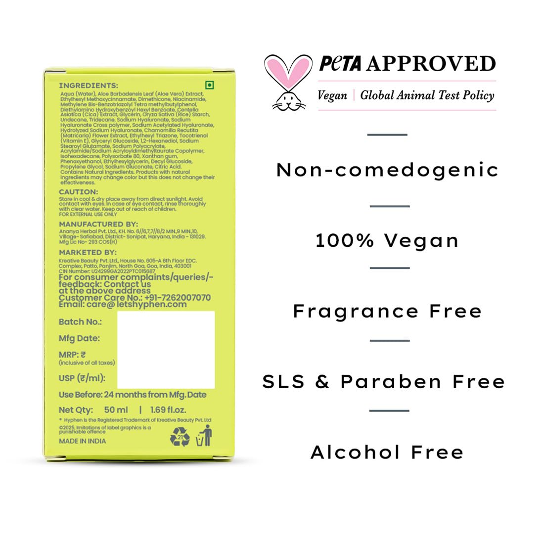 Hyphen 1% Hyaluronic Ultra Light Water Sunscreen SPF 50 PA ++++ | In-Vivo certified | Broad Spectrum & Blue Light Protection | No White Cast | Contains 5% Antio