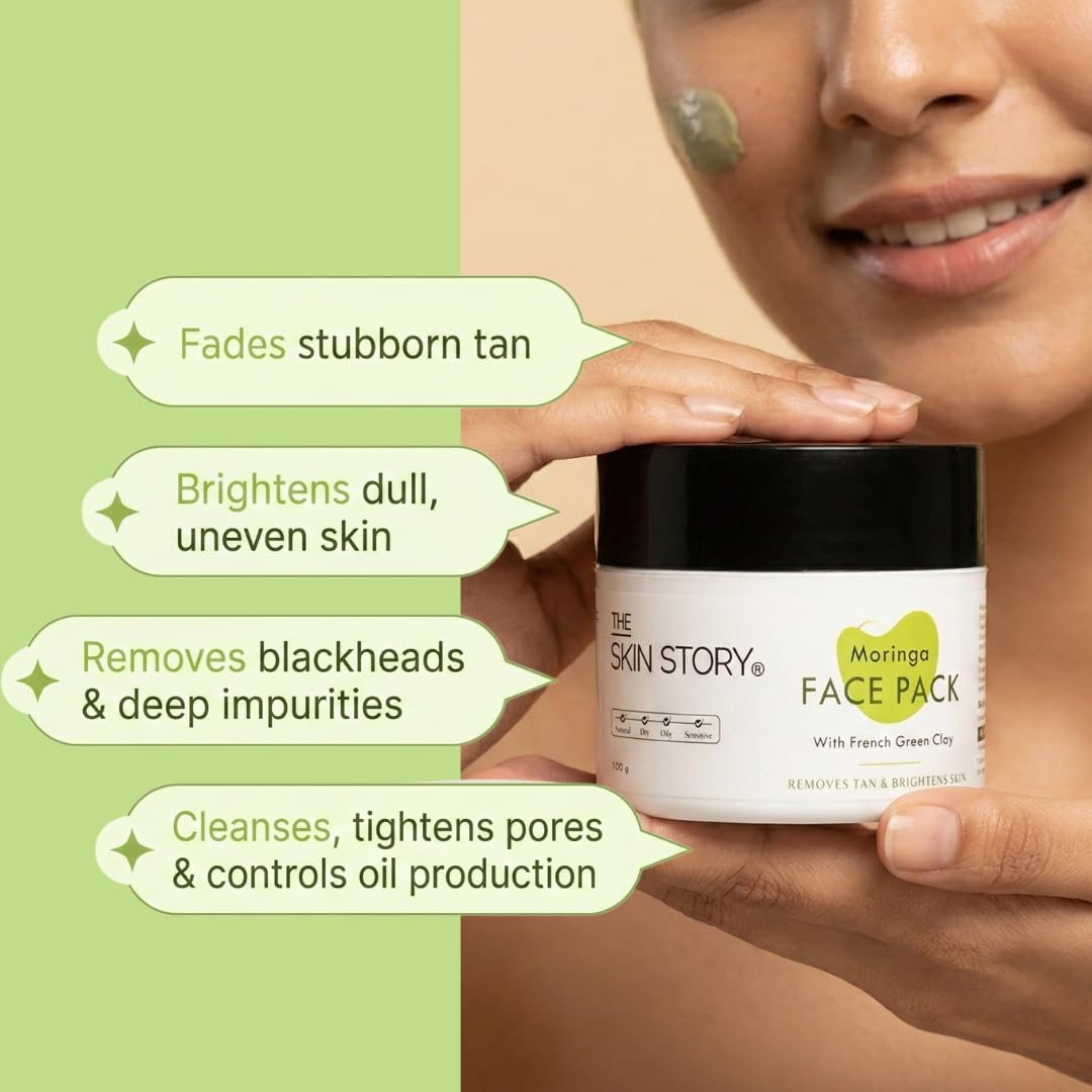 Hydrating Moringa Face Pack with Multani Mitti & French Green Clay | Deep Cleansing, Detoxifying & Brightening Face Mask | Helps Remove Tan, Control Excess Oil,